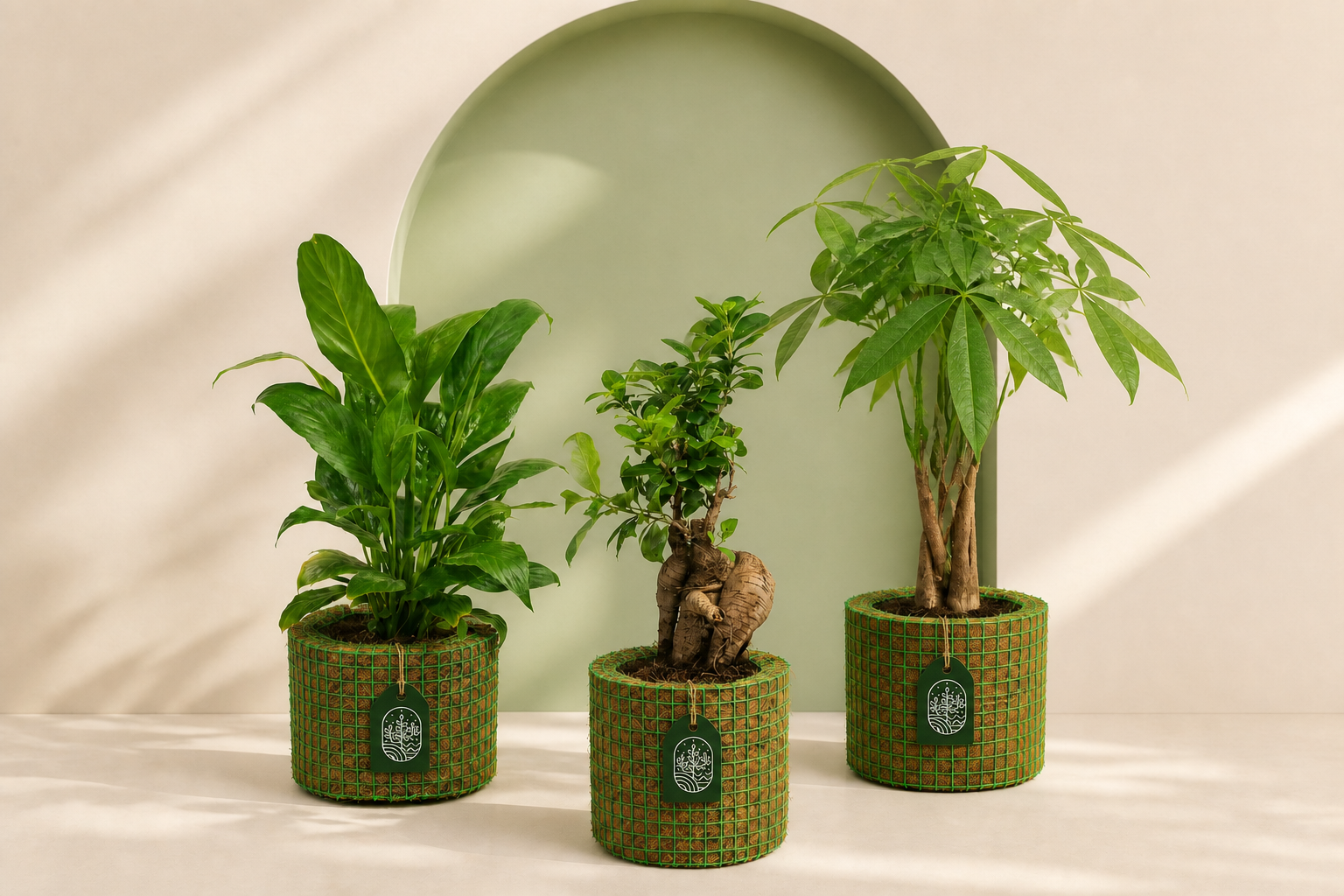 Three indoor plants in original Plantozone cocohusk planters with branded tags
