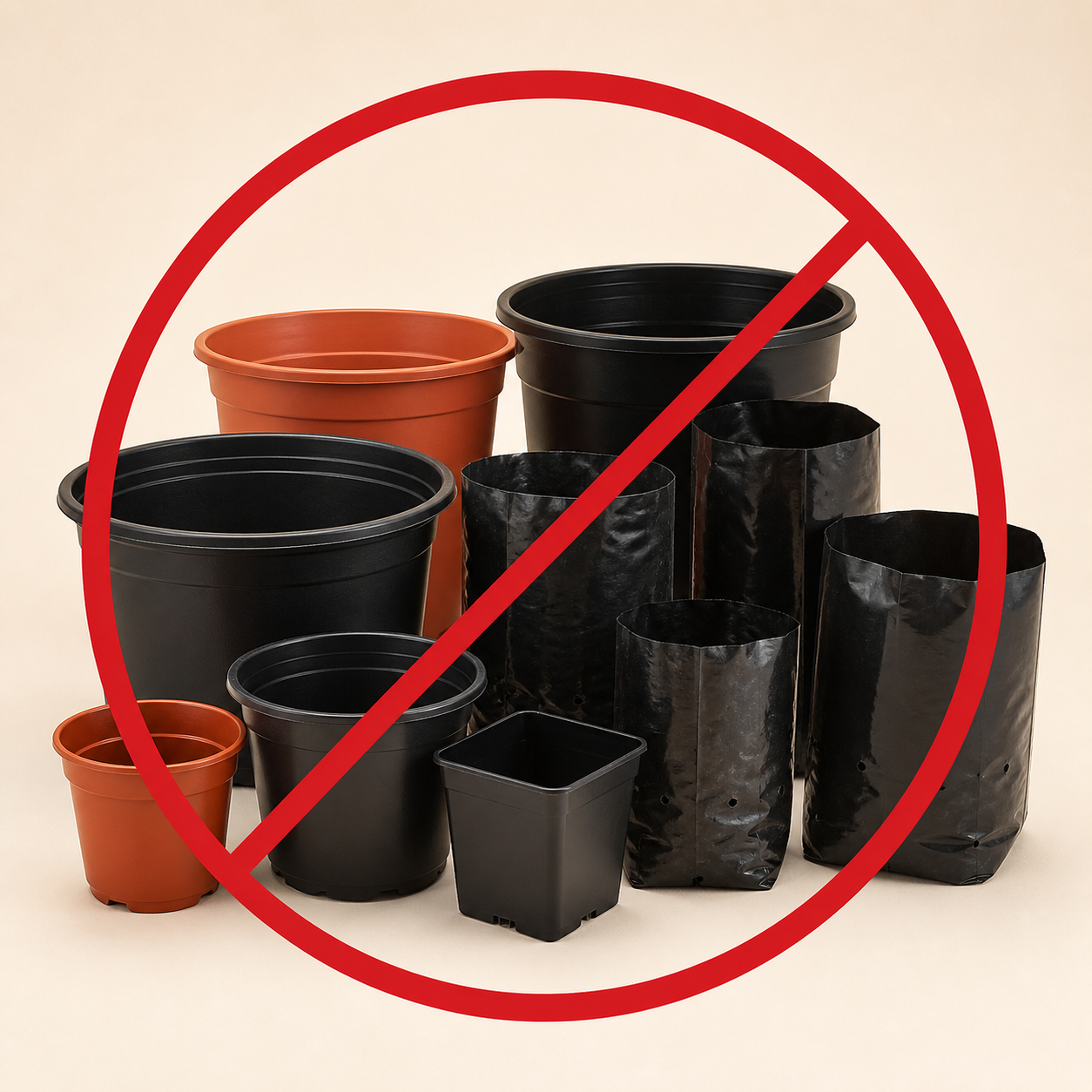 Plastic nursery pots, tubs and flexible grow covers inside a red prohibition symbol